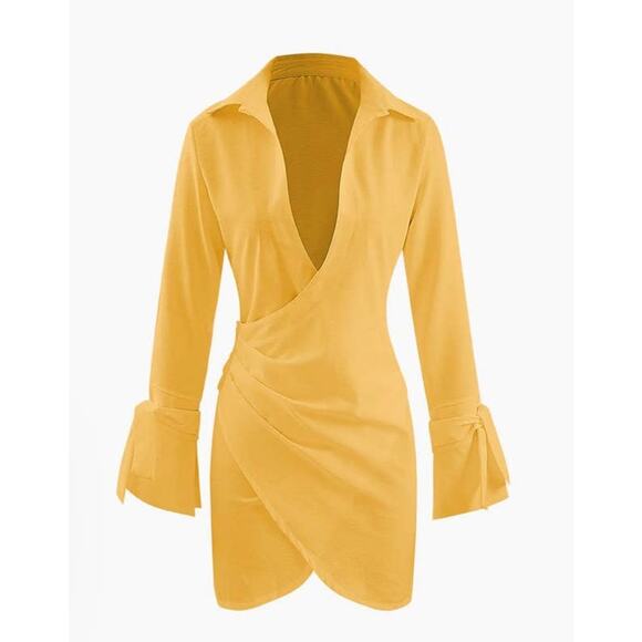 Micas Mustard Crepe Deep V-neck Wrap Dress - XXL - Picture 1 of 6